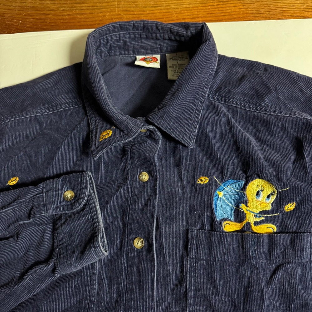 Vintage Looney Tunes Tweety Bird Corduroy Button Up Shirt Adult Size L